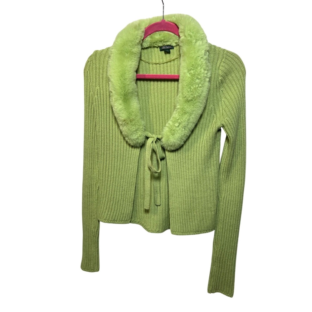 Wild Fable Lime Green Ribbed Cardigan Faux Fur Collar Tie Front Sweater Small